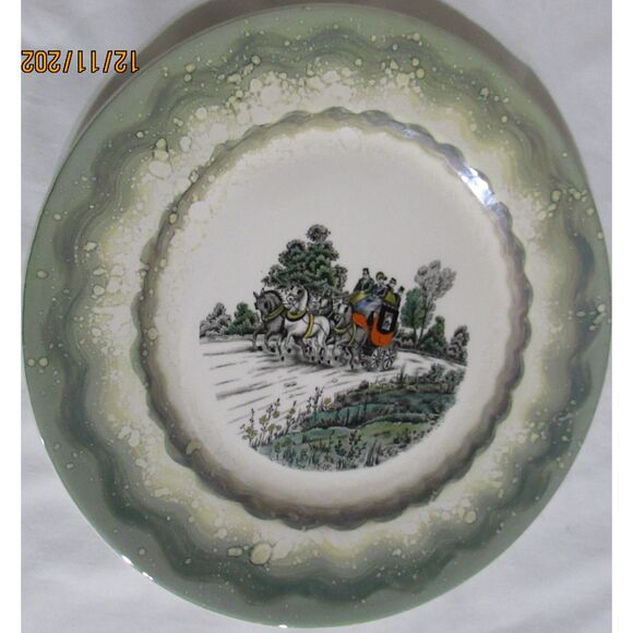 Vintage Old Castle made in England winter scene plate green horse and carriage - Picture 5 of 5